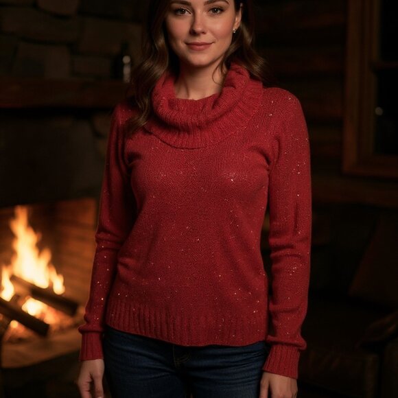 Women's Petite Junior Deep Red Turtle Neck Ribbed Cuff Glitter Sweater Size M - Picture 3 of 5